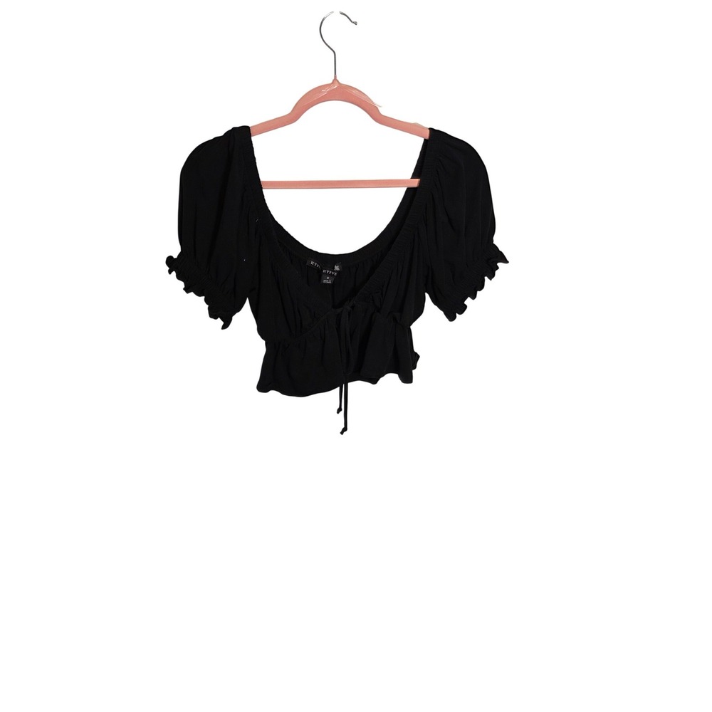 Hyfve Black Puff Sleeve Crop Top Tie Front Sweetheart Neck Blouse Small